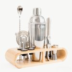 Koktejlový set s bambusovým stojanem – shaker + sada 11 doplňků dárková
