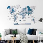 3D dřevěná mapa světa AQUA 100×60 cm – moderní 3D dekorace na zeď