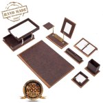 Kancelářský set na pracovní stůl luxusní 11 ks - 100% ruční výroba (hnědé dřevo + kůže)