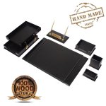 Kancelářský set – elegantní 8 dílný set z ořechu a černé kůže, ruční výroba