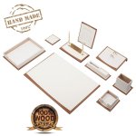 Kancelářský set na stůl - luxusní 11-dílný, ideální dárek (hnědé dřevo + bílá kůže)