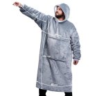 Deka k telce - mikina huňatá s rukávy + kapuce + kapsa 165 cm - šedá