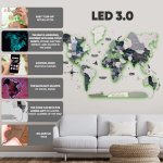 Dřevěná 3D LED mapa světa 200×120 cm (šedá) – dřevěná dekorace s ovládáním
