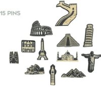 Dřevěné push pins 15 ks – světové památky pro nástěnné mapy světa