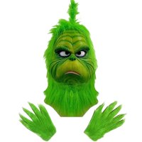 Maska na tvár Grinch rozprávková – súprava masky Grincha s rukavicami na Halloween