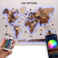 3D LED mapa sveta  na stenu 200×120 cm – drevený obraz s RGB podsvietením (App)