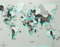 3D LED mapa světa bílo-šedá 150×90 cm – dřevěný nástěnný obraz s podsvícením
