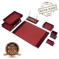 Kancelársky set – luxusný 8-dielny set na pracovný stôl (orech + koža Bordeaux)