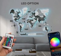 Dřevěná 3D LED mapa světa 200×120 cm (šedá) – dřevěná dekorace s ovládáním