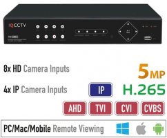 DVR rekordér hybridní AHD 5MP - 8 HD kamery + 4 IP kamery