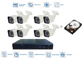 Kamerų rinkinys 8x 720P kulkos kamera su 20m IR ir DVR + 1TB HDD