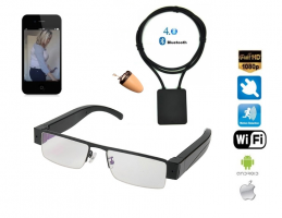 SPY KIT - FULL HD WiFi kamera v očalih + Vohunska slušalka