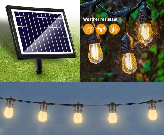Solar-Lichterkette für den Außenbereich – LED-Lichterkette mit 15 Glühbirnen + 3600 mAh + IP65 wasserdicht