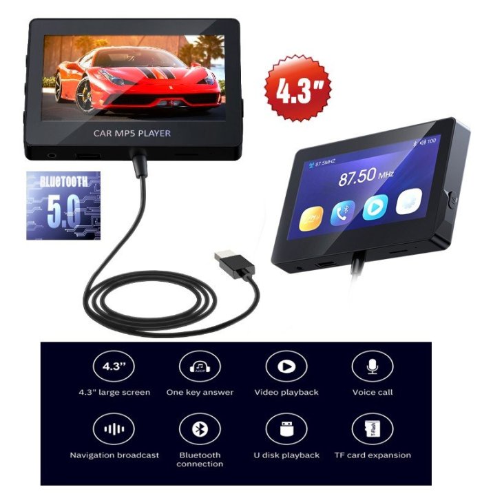 Multifunctional car MP5 player 4,3 display Bluetooth V5.0 video